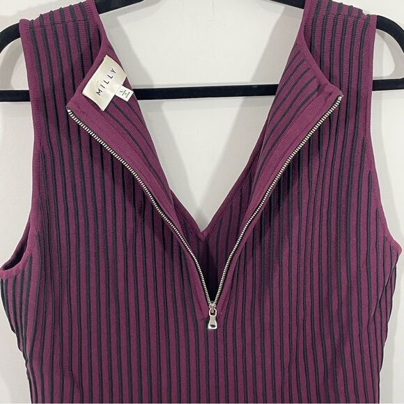 Milly Engineered Linear Fit and Flare Godet Stripe Dress Size LARGE Burgundy - Picture 4 of 8